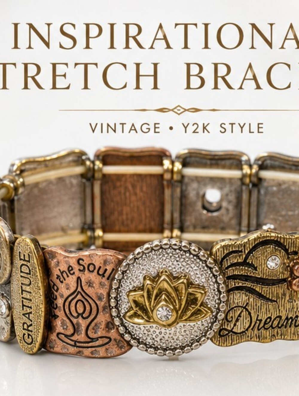 Vintage Y2K Inspirational Mixed Metal Stretch Bracelet Rhinestone Statement